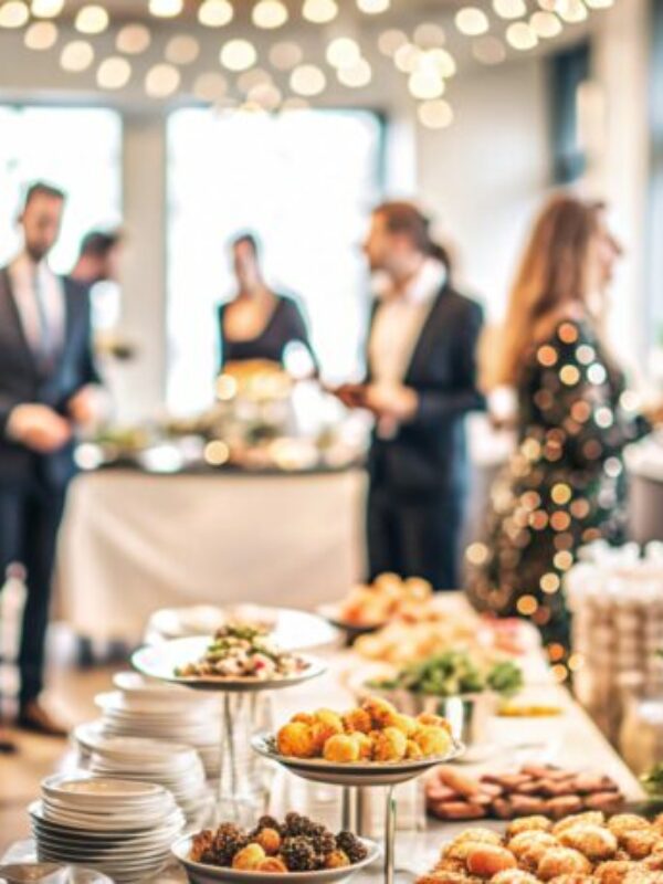 Festive Office Christmas Party with Delicious Food. A beautifully decorated office space with Christmas trees and festive lights, set up for a holiday party.